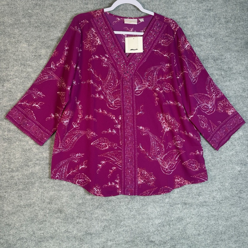 Belle Kim Gravel Size-L Women's Chiffon Blouse Paisley Bright Pink 3/4 Sleeve